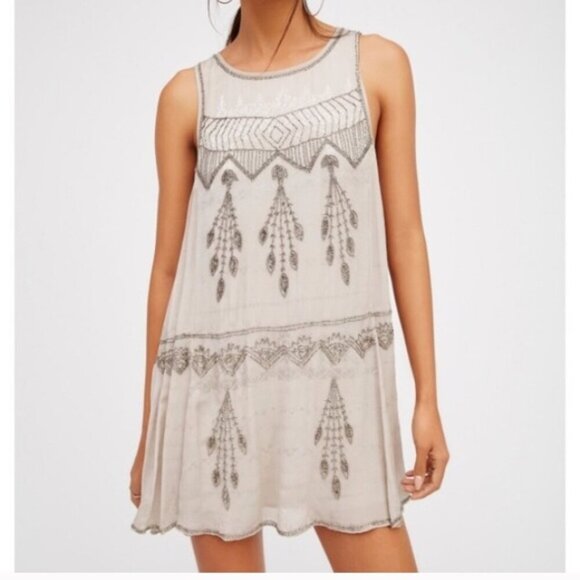 Free People Delilah Beaded Mini Dress Tan - Picture 1 of 7